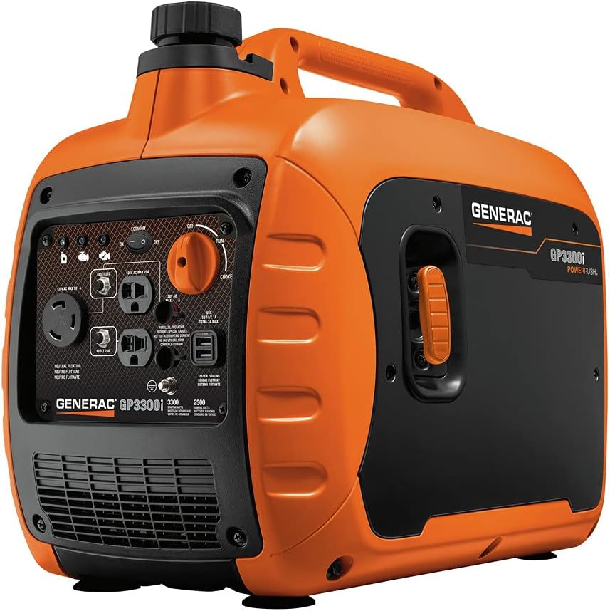 Generac GP3300i 7154 3,300-Watt Gas-Powered Portable Inverter Generator - CARB Compliant - Advanced PowerRush Technology - RV Essentials - Quiet and Compact Solution - Duplex Outlets - USB Ports