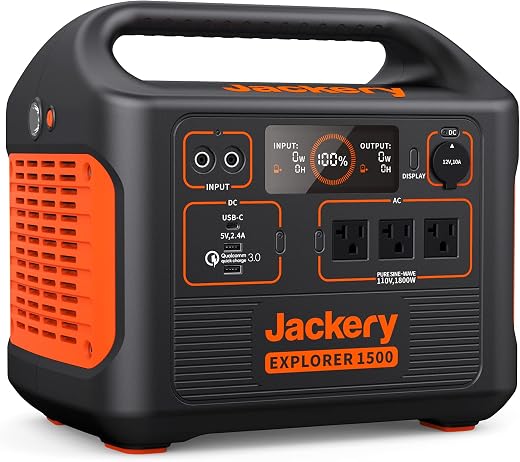 Jackery Portable Power Station Explorer 1500, 1534Wh Capacity with 3 x 110V/1800W AC Outlets, Solar Generator for Home Use Backup, Emergency, RV Outdoor Off-Grid Camping