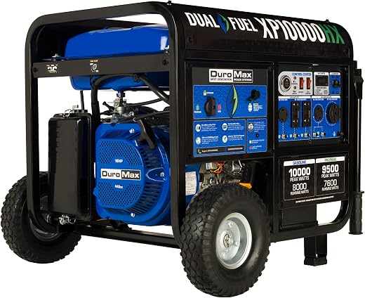 DuroMax XP10000HX Dual Fuel Portable Generator-10000 Watt Gas or Propane Powered Electric Start w/CO Alert, 50 State Approved, Blue