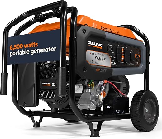 Generac 7682 GP6500E 6500-Watt Gas Portable Generator - Enhanced Power and Durability - Easy Transportation and Maintenance - Reliable Backup Power Solution